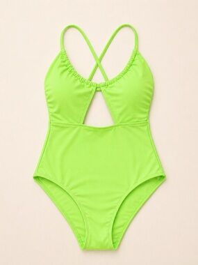 No Boundaries Neon Green One-Piece Swimsuit with Crisscross Back